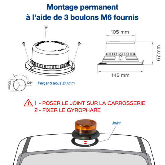 Gyrophare LED - fixation 3 points - simple flash