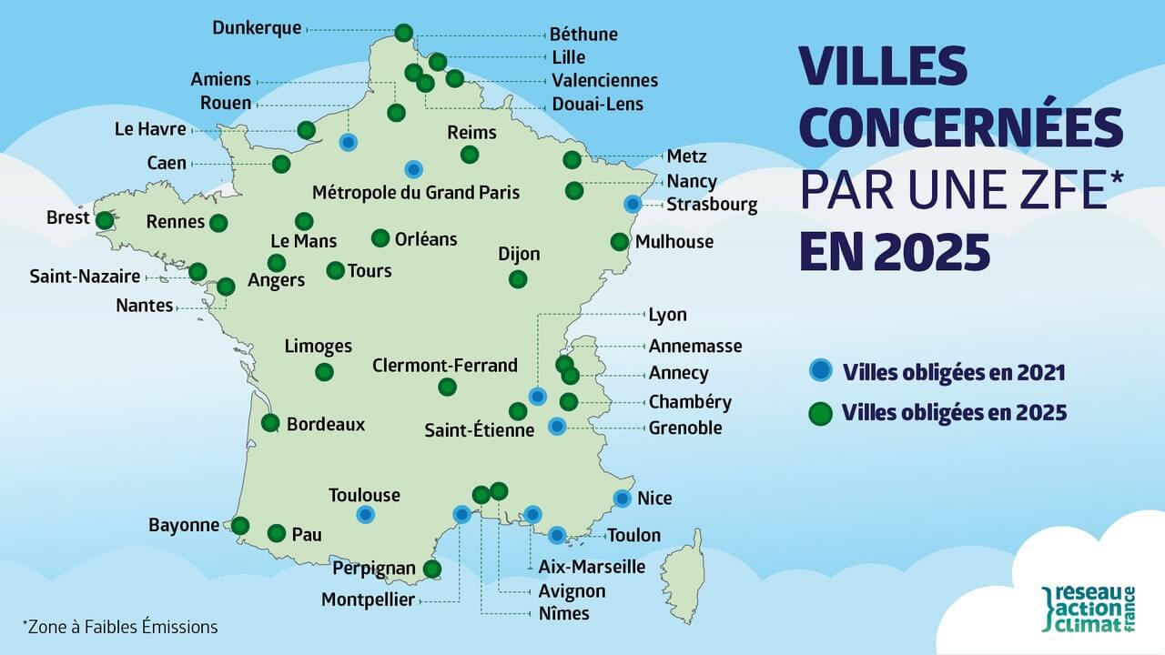 Carte des zones de faibles émissions en France en 2025