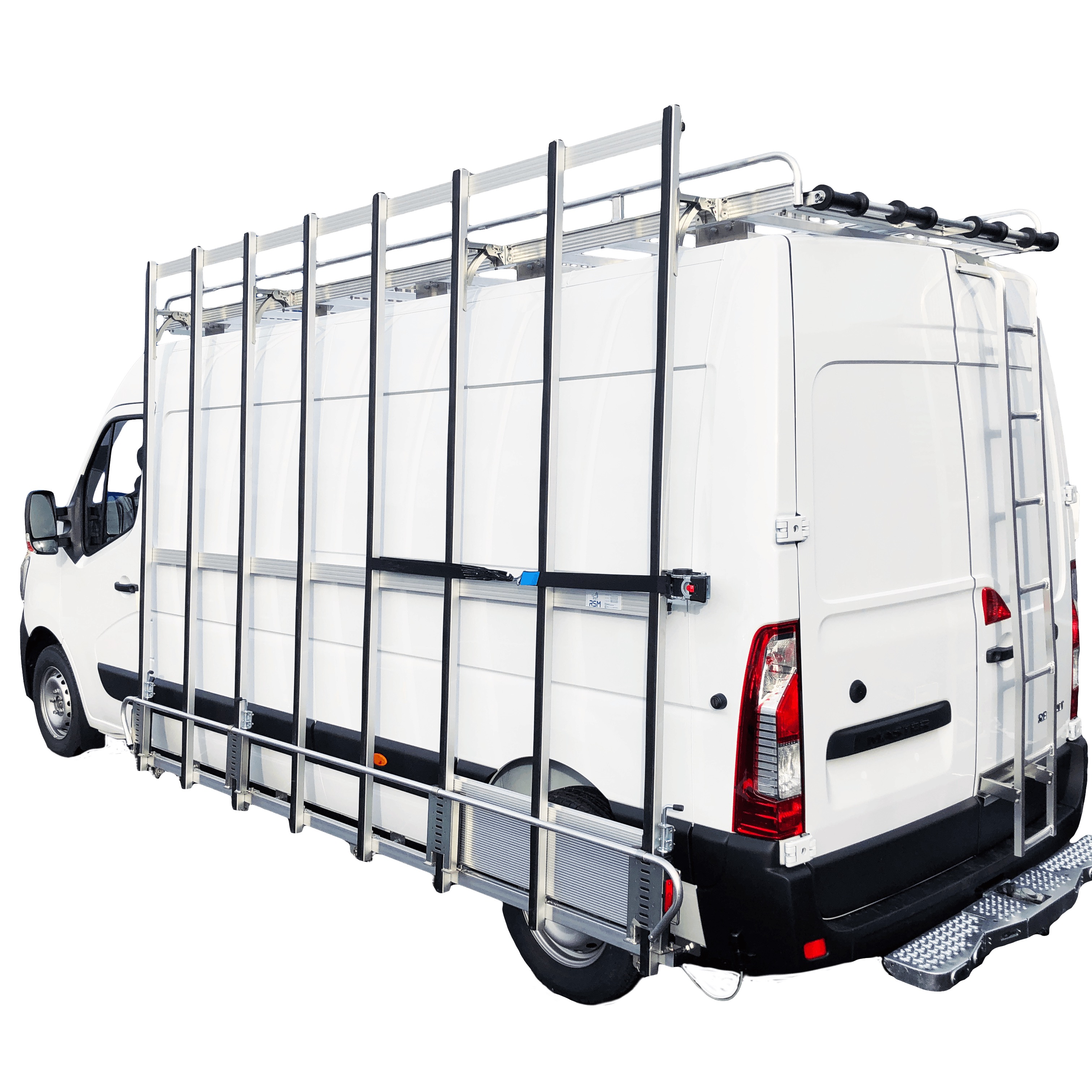 Glasböckchen und Glasträgerpult auf einem Renault Master Nutzfahrzeug — sicherer Transport von Fensterrahmen und Verglasungen für Tischler — Excelvan.com