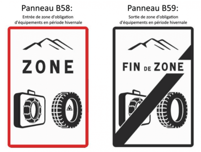 Panneaux entrée - sortie zone montagne avec équipement neige obligatoire