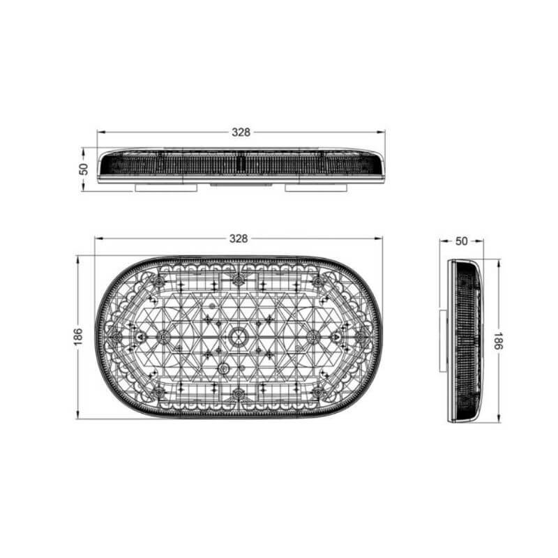 Technische Zeichnung – Abmessungen der magnetischen orangen LED-Mini-Lichtleiste (328 × 186 × 50 mm)
